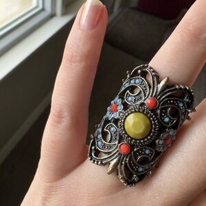 Southwest Tibetan Coral Turquoise Ring Silver Alpaca Chunky Ring Vintage